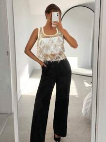 Siren Gaze Women Sheer Sequins Decor Tank Top, For Party Summer - Apricot - View 3