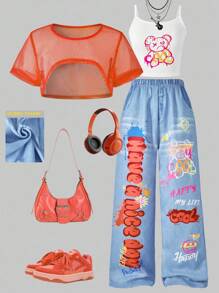 3pcs Tween Girls Loose Casual Cool Net Mesh Crop Top, Allover Print Cami Tank & Wide Leg Pants Set, Suitable For Daily, Holiday, Hangout, Spring/Summer,Holiday,Summer,Travel