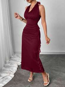 Modelyn Đầm suông hở lưng nhún bèo màu trơn dây mảnh cho nữ - Màu Đỏ Sâu - Xem 7