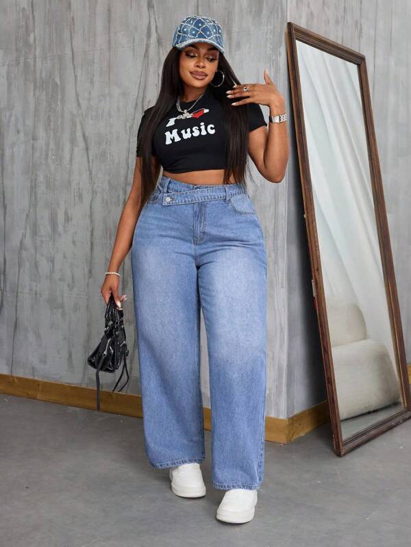 SHEIN SXY Vaqueros de estilo vaquero personalizados de talla grande para mujer del Día de San Patricio, casuales y con estilo