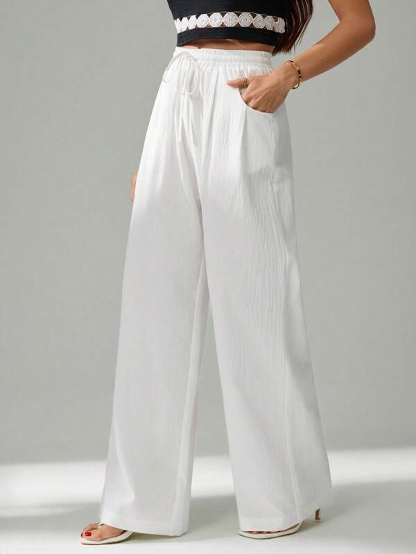 SHEIN Tall Women's Summer Simple Bohemian Resort Wear Casual Basic Everyday Wear Linen Comfortable Low Waist Loose Pants Autumn And Winter Home Comfort