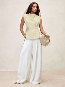 EMERY ROSE 女士时尚高领不对称褶饰肩部可调节腰部无袖芥末黄上衣/衬衫 - 米色 - 查看 3