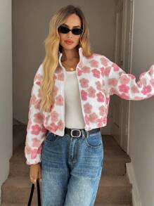 Easowa Áo khoác ấm áp Sherpa họa tiết hoa thanh lịch, giản dị/đi làm, có khóa kéo phía trước, túi đứng, cổ đứng, vải có họa tiết cho mùa thu/đông - Hồng - Xem 3