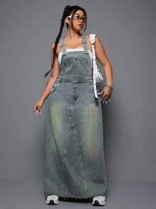 SHEIN EZwear Plus Size Women Summer Casual Loose Pocket Denim Jumpsuit Dress,Back To School