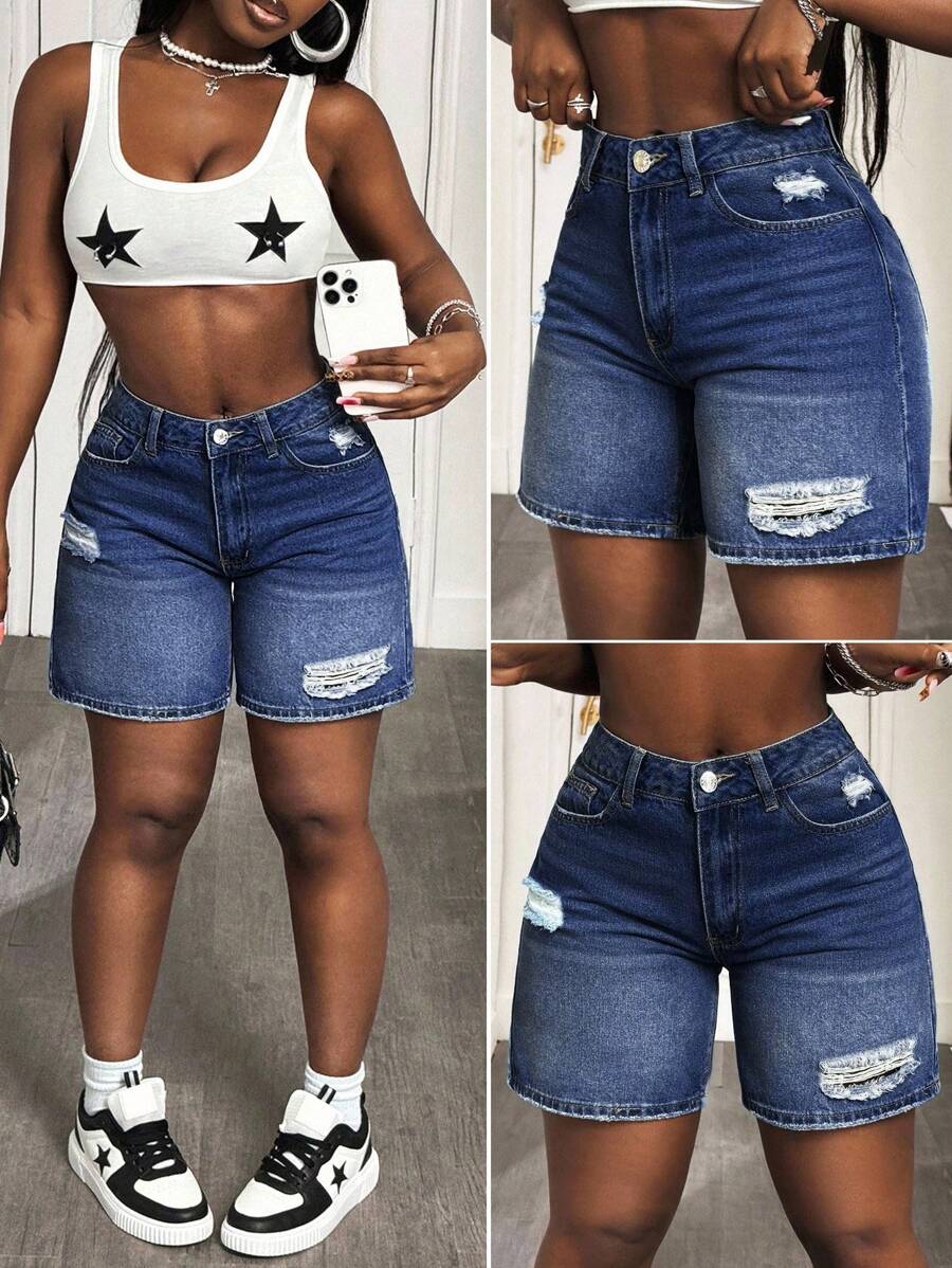 Slaydiva Women's Denim Shorts High Waist Ripped Fashionable Summer Casual Shorts - Dark Wash - View 1