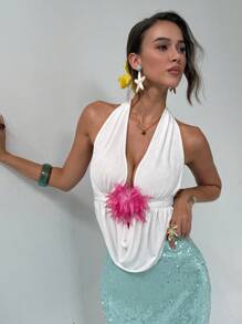 Aloruh Backless Tie Bow Neck Floral Print Elegant Vacation Tank Top - White - View 4