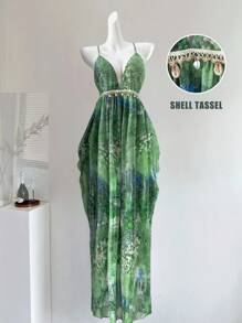 SHEIN LUNE 大码女式 V 领修腰吊带吊带装饰露背连衣裙，节日装，春夏季 - 綠色 - 查看 1