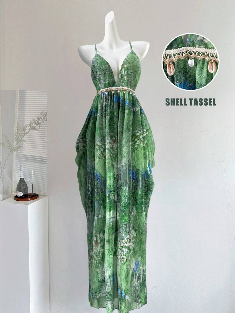 SHEIN LUNE 大码女式 V 领修腰吊带吊带装饰露背连衣裙，节日装，春夏季 - 綠色 - 查看 1