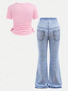 SHEIN Girlism 2pcs/Set Tween Girls Casual Crewneck Top With Waist Ruffle And Pants Outfit - Coral Pink - View 2