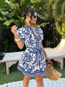 SHEIN SXY 度假休闲波西米亚热带印花 A 字迷你连衣裙 - 藍色 - 查看 4