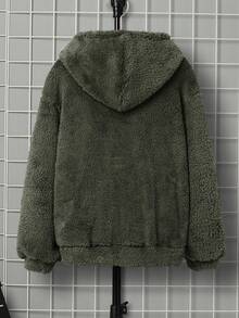 SHEIN Sudadera con capucha de forro polar bordada por ambos lados, informal, para niño preadolescente en otoño/invierno - Verde militar - Ver 2