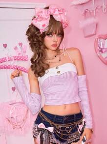 ROMWE J-Fashion Sexy Vintage Millennium Y2K Style Striped Sleeve Crop Top For Women - Pink - View 8