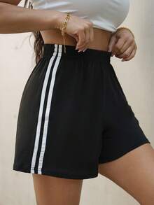 SAYEHFBABY Shorts informales con cintura elástica en los laterales y diseño de rayas de contraste - Negro - Ver 3