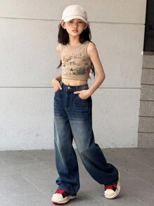 SHEIN 少女时尚休闲Y2K复古酷炫深蓝色牛仔裤，宽松舒适，适合少女日常穿着，柔软舒适，也适合少女夏季和秋季的锐舞派对、音乐节、海滩、街头风、校园风等场合。宽松牛仔裤，Y2K青少年冬季宽松牛仔裤。