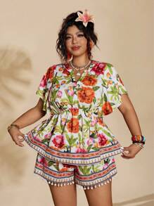Sunserae Plus Size Women Floral Print Batwing Short Sleeve Top And Shorts 2 Pieces Set For Vacation Tropical Colorblock Floral Print Boho Fashionable Style For Summer - Multicolor - View 4