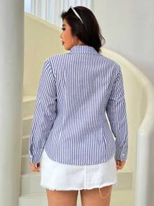 Solflare Plus Size Casual Striped Cinched Waist Shirt Blue And White Striped Shirt Women Striped Button Down Shirt Business Casual Woman Curve Going Out Tops Going Out Outfits,Fall Clothes For Women - Blue and White - View 4
