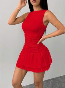 SHEIN PETITE 夏秋冬打底纯白色无袖紧身聚拢迷你双层百褶女装连衣裙 - 紅色 - 查看 3