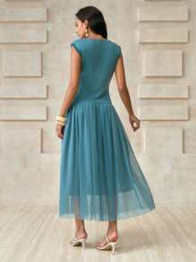 Aveloria 女士无袖褶皱宽肩不对称剪裁褶皱拼接网纱下摆长裙度假风女士沙滩装女士教师装乡村演唱会装度假装巡航装女士夏装 - 霧霾藍 - 查看 2