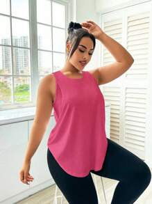 Easithlete 大码女式简约纯色拼接透气网眼弧形下摆运动背心 - 紅色 - 查看 3