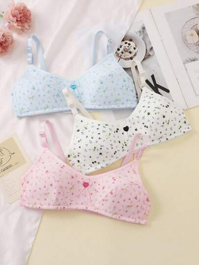 Back To School Fashion 3pcs/Set Girl's Floral Print Comfortable Sweet Fresh Minimalist Fashion Bra Set Cute Bra Kids Bra Cute Underwear Set Fall Winter