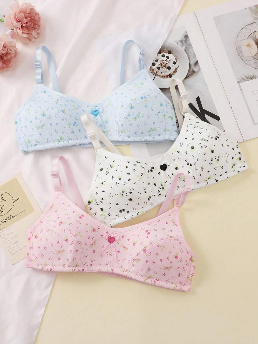 Back To School 3pcs/Set Girl's Floral Print Comfortable Sweet Fresh Minimalist Bra Set,White Winter Cute Kids Underwear Set Fashion Fall - Multicolor - View 1