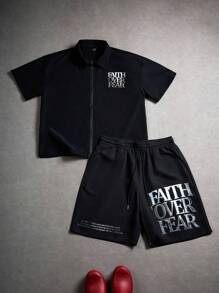PAVTROS 男士休闲夏季街头标语印花拉链短袖衬衫和抽绳腰短裤套装 - 黑色 - 查看 4