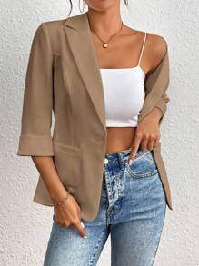 Franclia Blazer casual y de trabajo de un botón para mujer, ropa de primavera/verano para la universidad - Caqui - Ver 3