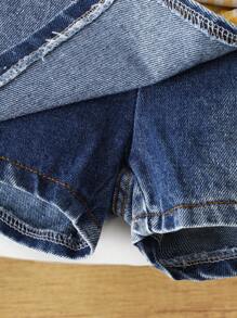 SHEIN Playful Pals 2 件套女婴春夏休闲风格纯色无袖吊带上衣和蝴蝶结装饰短牛仔裤