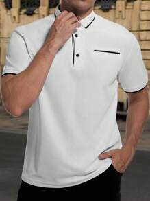 男士休闲拼色装饰 Polo 衫，夏季 - 白色 - 查看 1