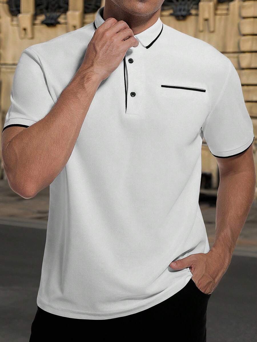 男士休闲拼色装饰 Polo 衫,夏季 - 白色 - 查看 1