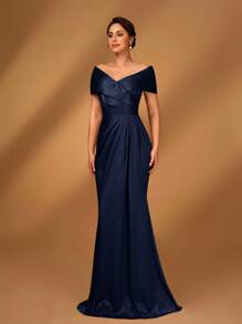 Serin Elegant Luxurious Satin Off Shoulder Ruched Ruffle Mermaid Dress, Suitable For Evening Party, Music Festival, Vacation, Wedding, Mother Of The Bride