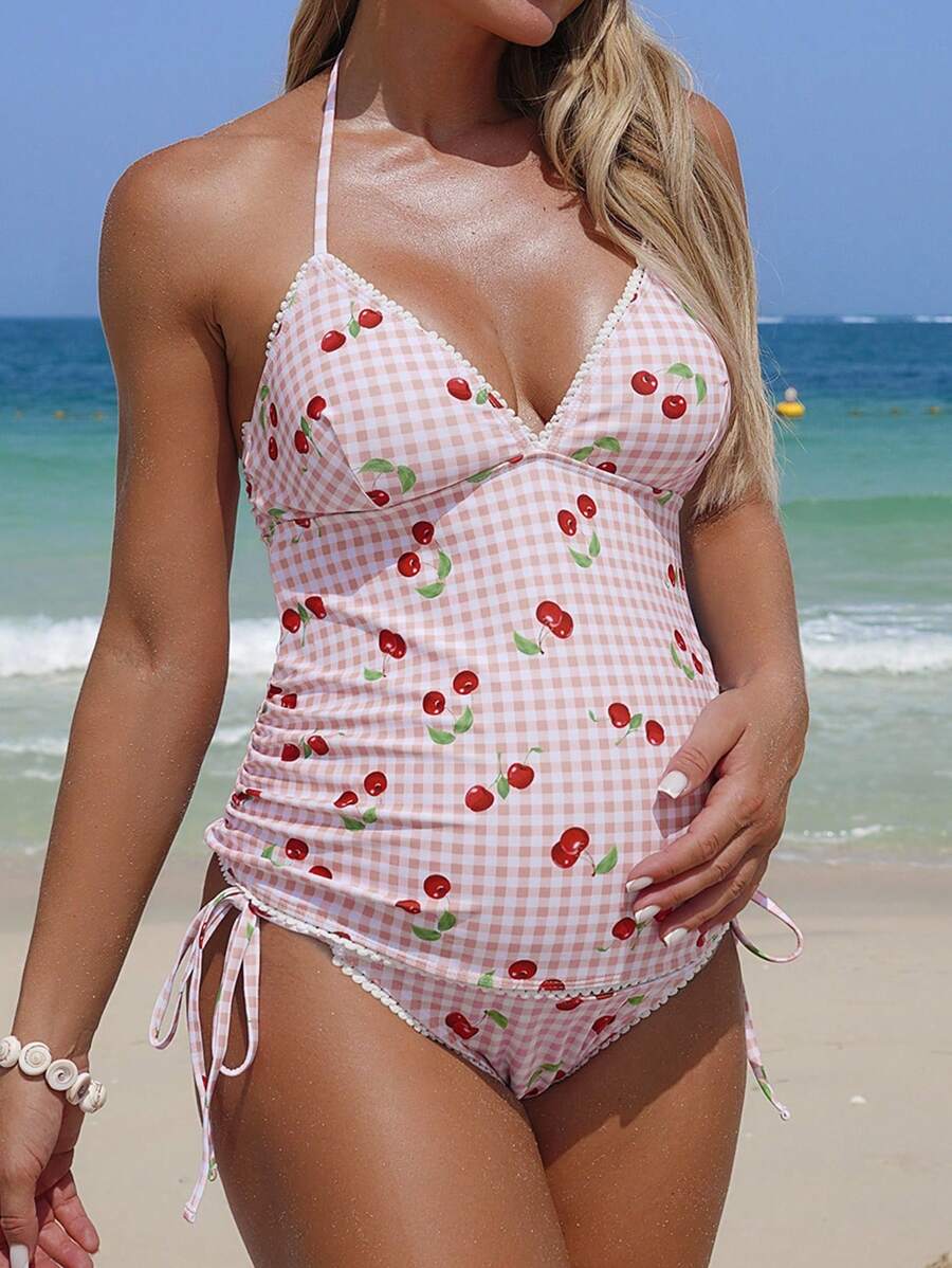 SHEIN Gravid sommar strandsemester körsbärs- och rutmönster volang rygglös knytringning tankini baddräkt - Multifärgad - Visa 1
