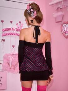 ROMWE J-Fashion Women's Polka Dot Print Splicing Lace Halter Short Dress With Arm Sleeves - Black - View 3