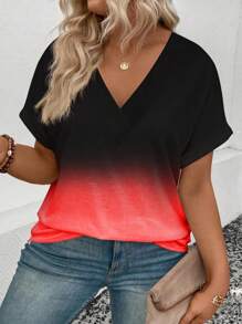 EMERY ROSE 大码女式时尚渐变印花彩色休闲V领宽松短袖T恤 - 彩色 - 查看 4