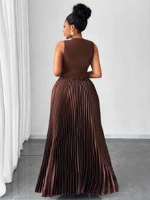 Maweii Conjunto de 2 piezas con chaleco sin mangas de diseño plisado elegante y falda, diseño versátil para mujer talla grande, nuevo para primavera/verano 2025 - Multicolor - Ver 3