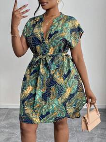SHEIN PETITE CURVE Plus Size Vacation Bat-Sleeve Belted Shirt Dress,Summer Outfits For Women,Sun Dresses For Women Woman S Summer Clothes Women Summer Clothing Women Short Dresses Summer Summer Dresses For Women  Country Concert Outfit For People Of Shorter Stature - Green - View 5