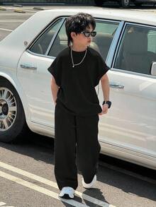 Tween Boy 休闲韩版宽松纯黑色背心和裤子套装，通勤、上学、日常休闲、运动皆宜，适合春夏季、度假 - 黑色 - 查看 7