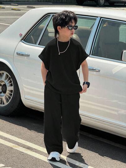 Tween Boy 休闲韩版宽松纯黑色背心和裤子套装，通勤、上学、日常休闲、运动皆宜，适合春夏季、度假
