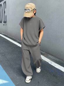 Tween Boy 休闲韩版宽松纯色杏色背心和裤子套装，适合通勤、上学、日常休闲装、运动，适合春夏季、度假