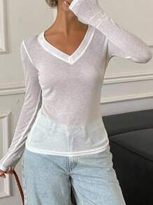 DAZY 女士优雅都市休闲 V 领长袖略收腰百搭透视修身 T 恤汗衫，夏季、秋季女装 - 白色 - 查看 5