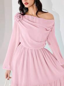 Heiryn Đầm dài tay xếp ly hoa lệch vai thanh lịch cho nữ - Màu Hồng baby - Xem 3