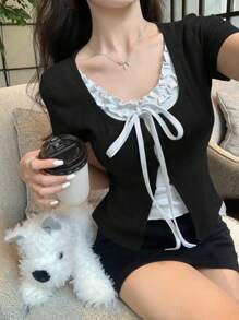 DAZY 女式夏季二合一荷叶边蝴蝶结袖T恤 - 黑色 - 查看 3