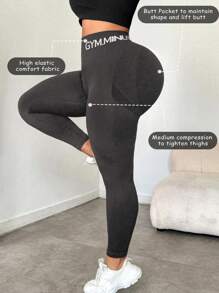 Easithlete Plus Size Women High Waist Letter Print Elastic Tight Leggings