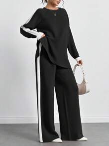 SHEIN Tall Sweater And Pants Two-Piece Set With Raglan Sleeve - Black and White - View 4