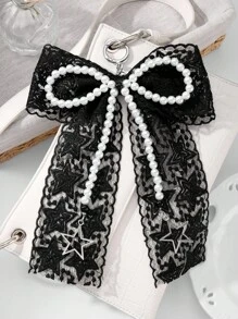 ROMWE Kawaii 1pc Handmade Vintage Goth Style Beaded Keychain/Bag Charm With White Faux Pearl, Black Beads, Hollow Stars, Tulle & Bow, Unique Gift For Women, Girls - Black and White - View 6