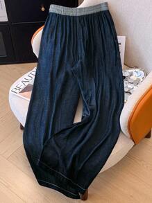 SHEIN Clasi 大码女式弹性腰部百搭休闲直筒裤，新品 - 藍色 - 查看 2