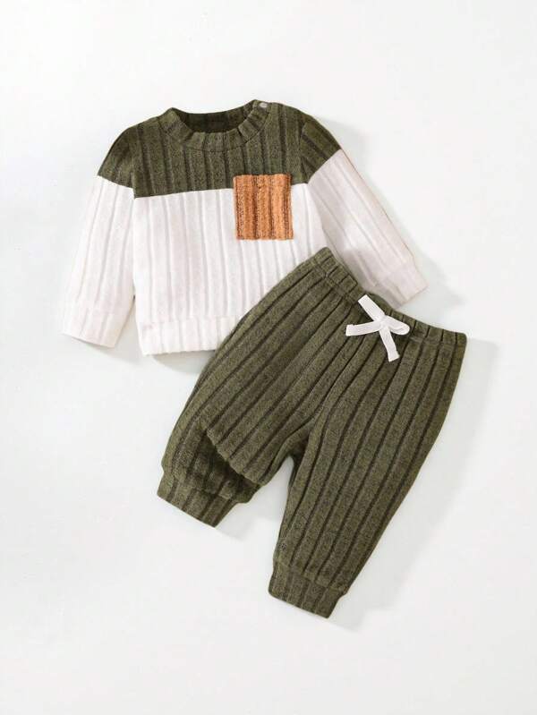 SHEIN 2pcs/Set Newborn Baby Casual Multi-Color Pocket Comfortable Fitted Striped Knitted Snap Shoulder Long Sleeve Round Neck T-Shirt & Elastic Waist Pants Set, Suitable For Spring, Autumn, Winter
