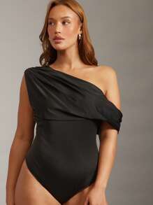 Hauture Plus Fallen One Shoulder Bodysuit Simple Fashion Daily Casual - Black - View 5