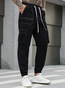 Manfinity Roughcore Men's Solid Color Drawstring Ankle Casual Cargo Pants - Black - View 4
