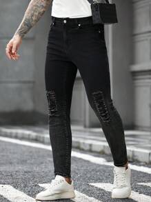 Manfinity LEGND 男士纯色做旧口袋紧身时尚牛仔裤 - 黑色 - 查看 3